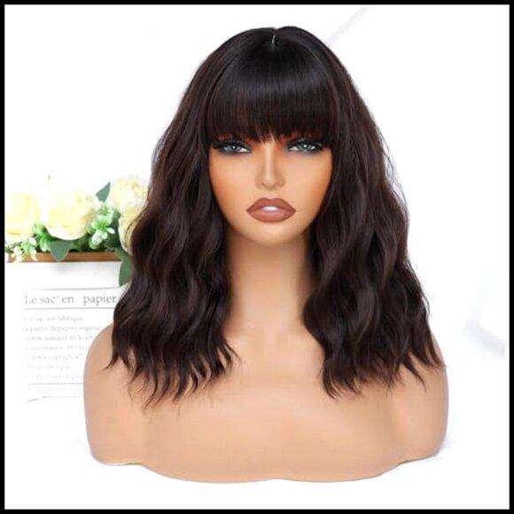 Short Bob Wavy Wig with Bangs Heat Resistant Synthetic Shoulder Length